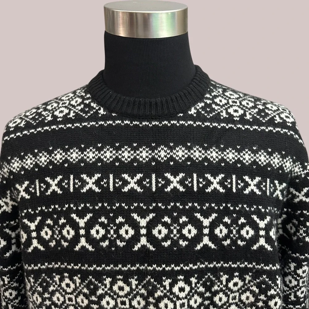 Brooks Brothers Black Crewneck Fair Isle Knit Sweater Extra fine Merino Wool XL